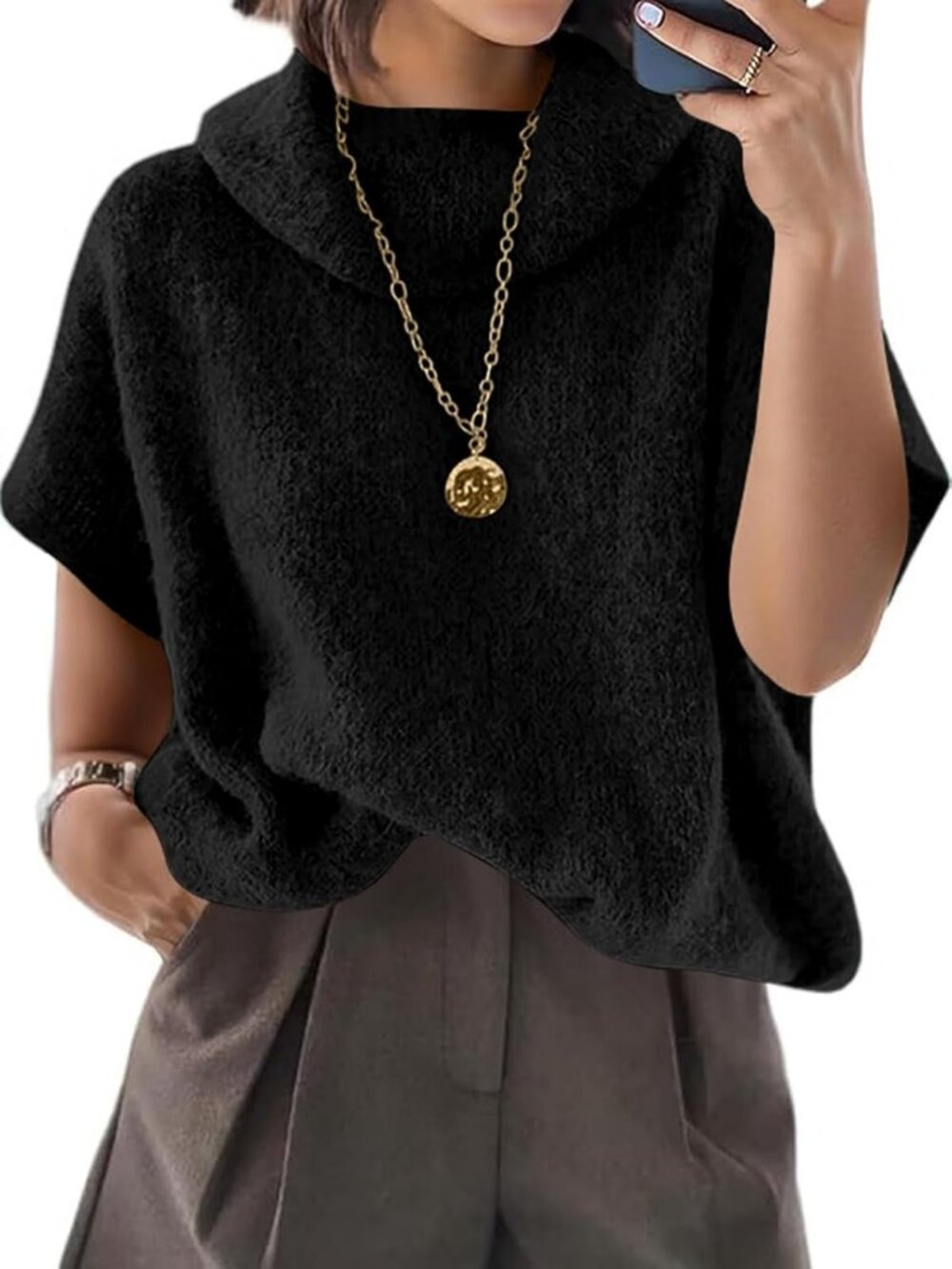 Women's Black Short Batwing Sleeve Loose Fit Lightweight Turtleneck Sweaters